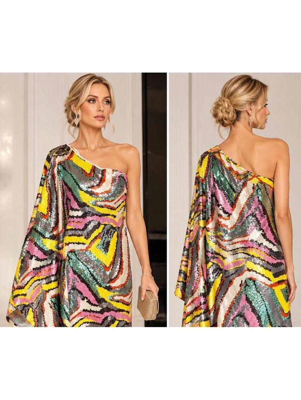 Multicolor Sequin One Shoulder Cape Sleeve Cocktail Party Dress Statement sz 10